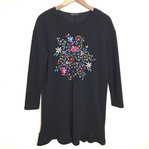 Zara Navy Long Sleeve Embroidered Flower Dress S
